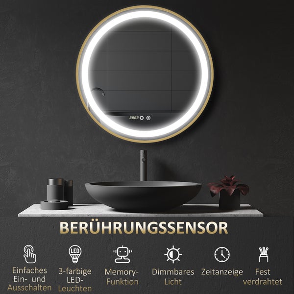 kleankin Badspiegel, Dimmbarer Wandspiegel mit Memoryfunktion, Runder Lichtspiegel mit Zeitanzeige, Badezimmerspiegel mit LED-Leuchte, IP44, Aluminiumlegierung, 60 x 60 cm