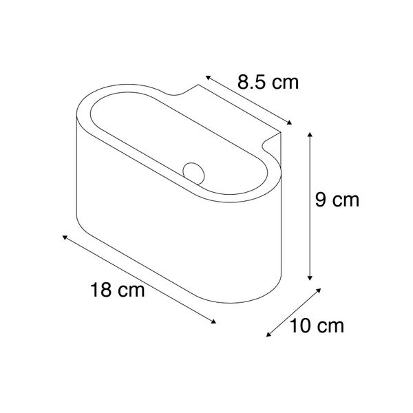 Abmessungen eines Waschbeckens: 18 cm Länge, 10 cm Breite, 9 cm Höhe, 8,5 cm Tiefe.