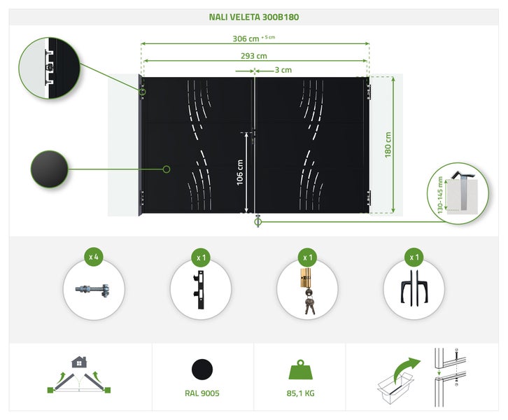 Nali Veleta 300B180 Garagentor: Maße, Zubehör und RAL 9005 Farbangabe