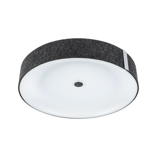 Runde LED Deckenleuchte mit 3 Stufen Dimmfunktion und Warmlicht-Anpassung, gesteuert über einen Lichtschalter durch eine Hand betätigt.