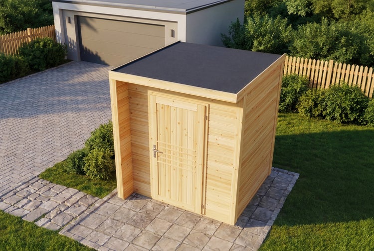Modernes Gartenhaus aus hellem Holz mit schwarzem Flachdach, auf einer gepflasterten Terrasse im Garten neben einer Garage.