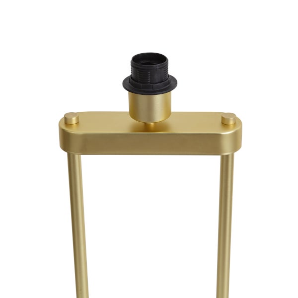 E27 Lampenfassung auf einem goldfarbenen Metallrahmen einer modernen Tischlampe.