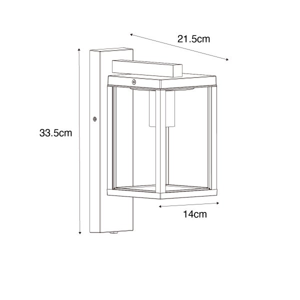 Maßzeichnung einer Außenwandleuchte: Höhe 33,5 Zentimeter, Tiefe 21,5 Zentimeter, Breite 14 Zentimeter.