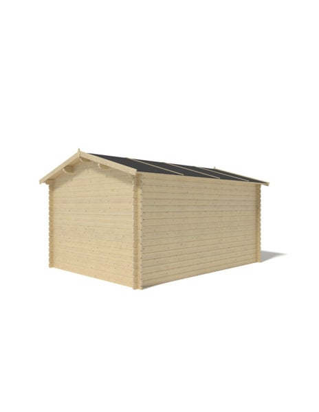Gartenhaus aus Holz mit Satteldach und dunkler Dachpappe, Rückansicht.