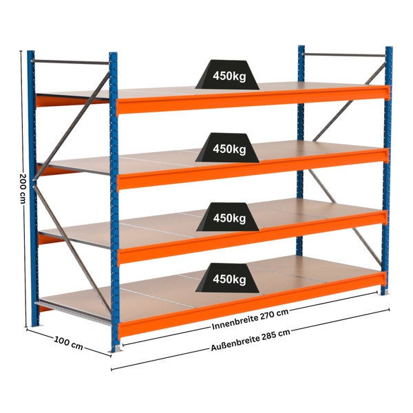 Schwerlastregal mit vier Ebenen und Gewichtsangaben