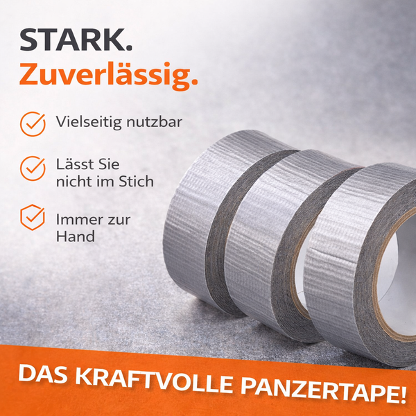 Drei Rollen silbernes Panzertape mit Hinweisen zu Stärke Zuverlässigkeit und vielseitiger Anwendung.