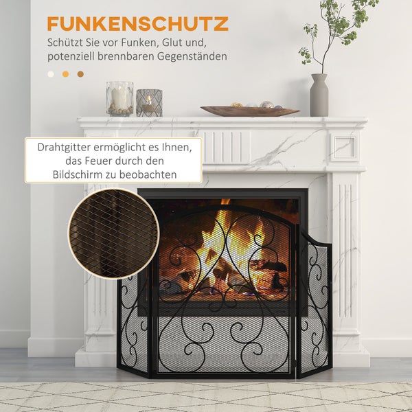HOMCOM Kamingitter, Klappbares Kaminschutzgitter, Ofenschutzgitter mit 3 Paneelen, Funkenschutzgitter im Vintage-Design für Wohnzimmer, Metall, Schwarz 66 x 31 x 81 cm