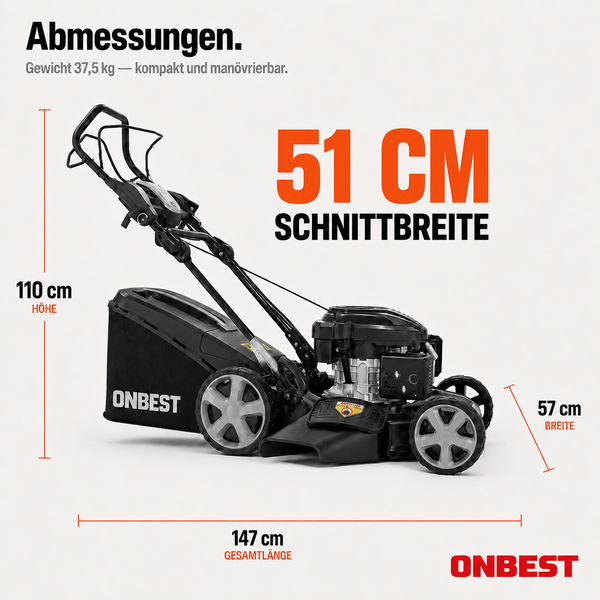Benzin-Rasenmäher ONBEST: 51 Zentimeter Schnittbreite, 110 Zentimeter Höhe, 147 Zentimeter Länge, 57 Zentimeter Breite, 37,5 Kilogramm. ONBEST Logo.