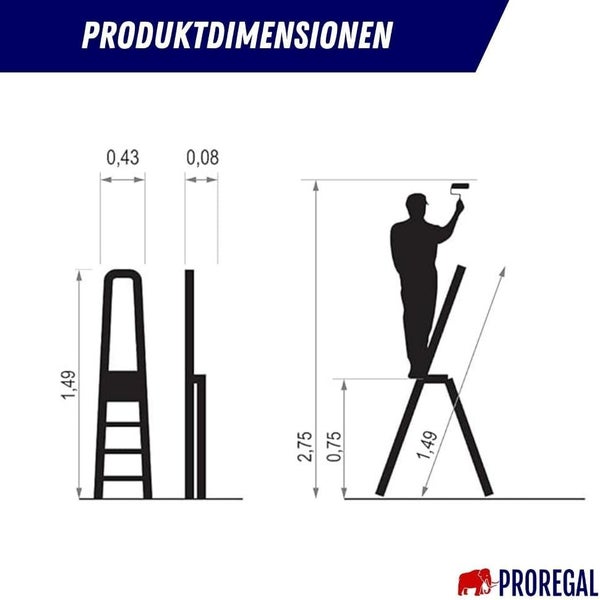 PROREGAL Stufenstehleiter Economy Basic Aus Hochleistungsstahl Einseitig Begehbar 4 Stufen Arbeitshöhe 2,75 m Traglast 125 kg Schwarz