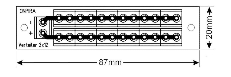 Technische Zeichnung eines Onpira Verteilers 2 mal 12 mit den Maßen 87 Millimeter mal 20 Millimeter.