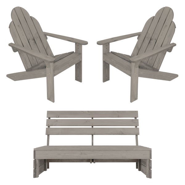 ECD Germany 3tlg. Gartenmöbel Set, Gartenbank 3-Sitzer mit 2x Adirondack Gartenstuhl, Massivholz, Grau, Sitzbank mit Rückenlehne, Parkbank Holzbank Bank, Lounge Set Gartensessel Sessel mit Armlehnen