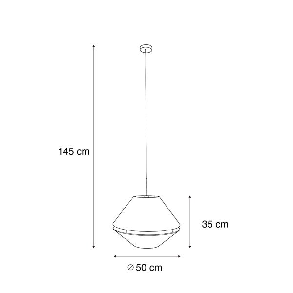 Maßzeichnung der Pendelleuchte: Gesamthöhe 145 Zentimeter, Schirmhöhe 35 Zentimeter, Durchmesser 50 Zentimeter.