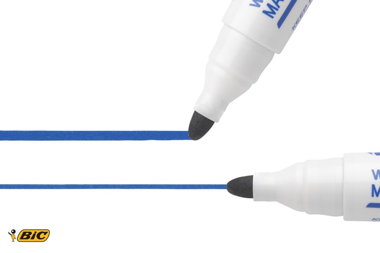 Zwei weiße Marker ziehen zwei blaue Linien. BIC Logo.