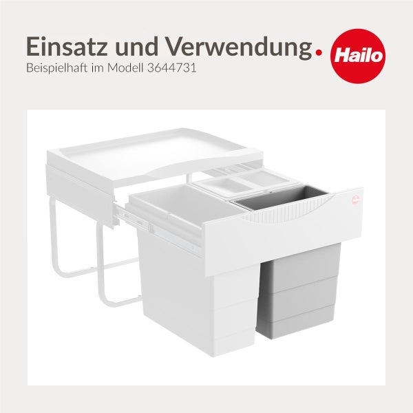 Hailo Logo und ein eingebautes Mülltrennsystem mit Auszug und mehreren Behältern.