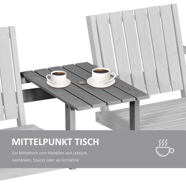Outsunny Gartenbank mit Tisch, Sitzgruppe, Gartenmöbel, mit Regenschirmloch, Sitzbank, 2 Stühle, Massivholz, Grau, 152 x 70 x 83 cm