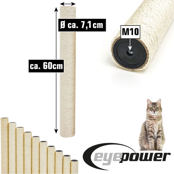 eyepower Kratzstamm aus Sisal mit M10 Gewinde, Länge circa 60 Zentimeter, Durchmesser circa 7,1 Zentimeter, Katze, eyepower Logo.