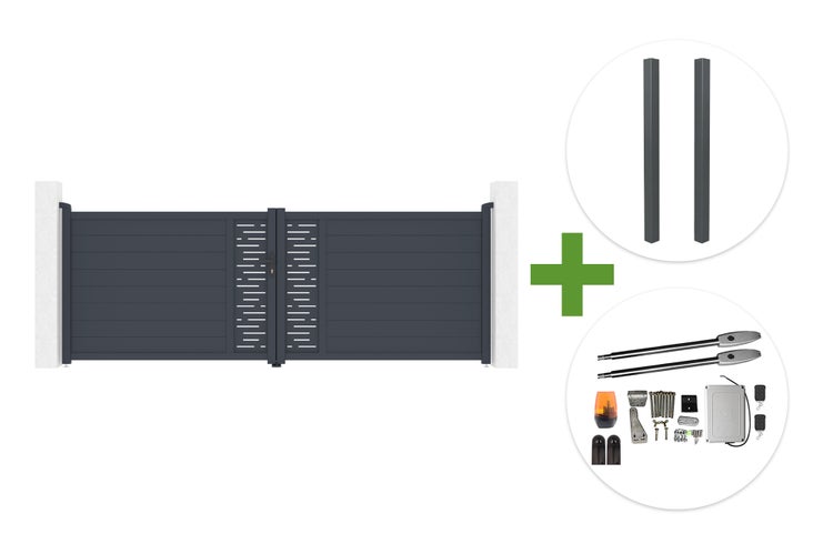 Zweiflügeliges Einfahrtstor aus Aluminium mit horizontalen Lamellen, inklusive zwei Pfosten und elektrischem Drehtorantrieb-Set.