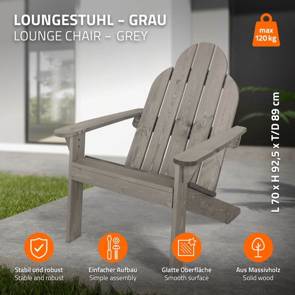 ECD Germany Adirondack-Stuhl 2er Set aus Tannenholz Massiv, 92,5x70x89 cm, Grau, Gartenstuhl mit Rückenlehne und Armlehnen, Ergonomischer Holzstuhl, Gartensessel, Relaxstuhl für Balkon, Garten, Strand