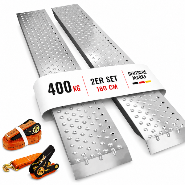 Auffahrrampen im Zweier-Set aus Stahl, 400 Kilogramm Tragkraft, 160 Zentimeter lang, inklusive zwei orangefarbenen Spanngurten, deutsche Marke.