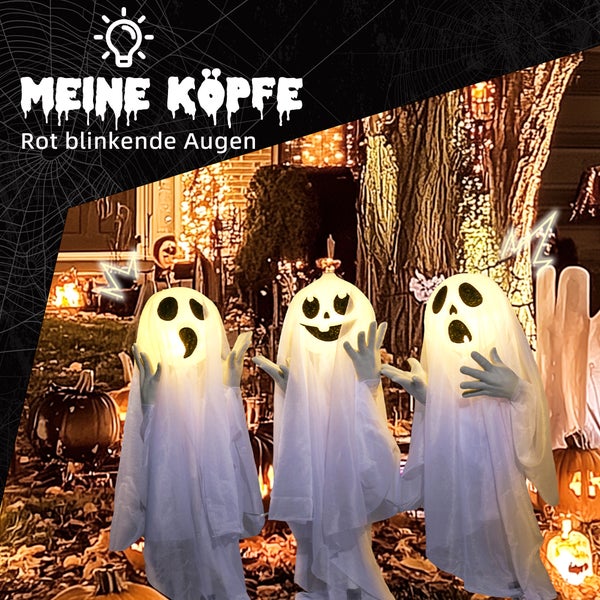 HOMCOM 60cm 3er-Set Halloween Dekoration Halloween-Geister-Hofpfählen mit LED-Lichter verstellbare Arme Halloween-Außendekoration für Rasen, Garten Stahl, Weiß
