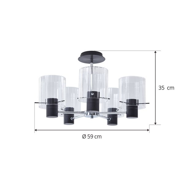 Fünfflammige Deckenleuchte mit transparenten Glaszylindern und schwarzen Details. Durchmesser 59 Zentimeter, Höhe 35 Zentimeter.