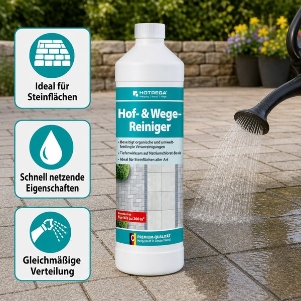 Hotrega Hof und Wege Reiniger Konzentrat zur Reinigung von Steinflächen im Außenbereich auf einer gepflasterten Terrasse mit Gießkanne.