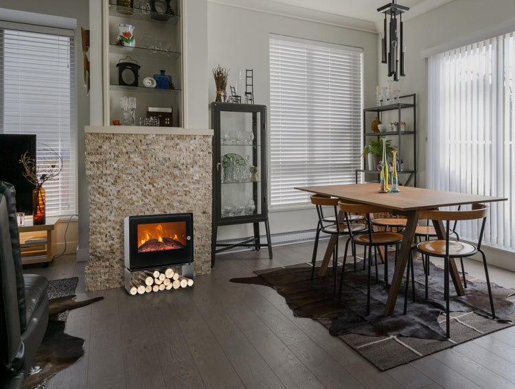 Purline Elektrokamin mit Holzfach und den Maßen 53 x 48 x 53 cm