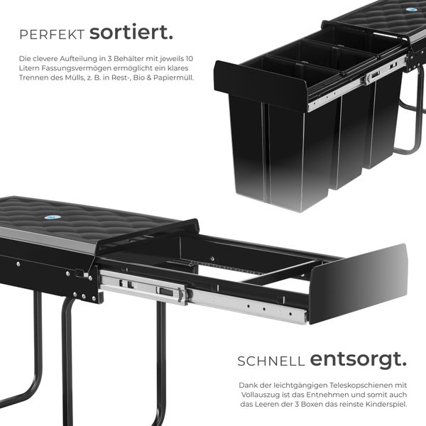 Abfallsammler tectake Ashlyn 26 x 48 x 42 cm 3-fach Mülltrennung, 3x10L schwarz