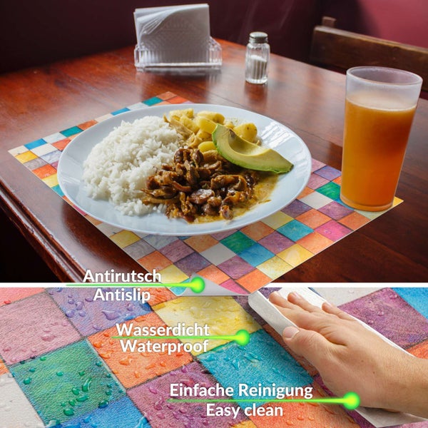 Buntes Platzset mit quadratischem Muster auf einem Holztisch, zeigt rutschfeste und wasserdichte Eigenschaften sowie einfache Reinigung.