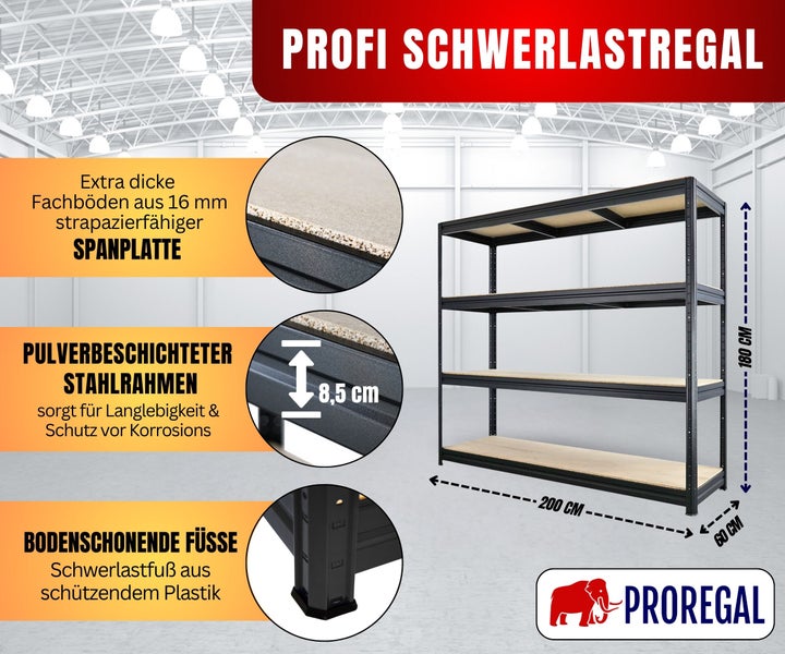 Schwerlastregal aus pulverbeschichtetem Stahl, 16 Millimeter Spanplatte. Maße: 180 mal 200 mal 60 Zentimeter. Bodenschonende Füße. PROREGAL Logo.
