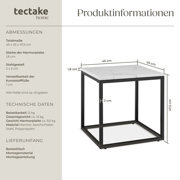 Marmor-Beistelltisch tectake Alysia mit höhenverstellbaren Kunststofffüßen quadratisch schwarz/weiß