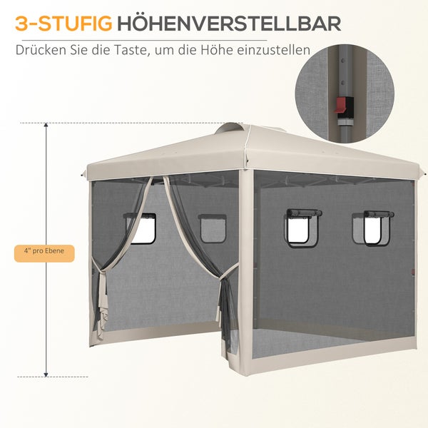 Outsunny Faltpavillon ca. 3 x 3 m, Pavillon mit 4 Netzvorhängen, Gartenpavillon mit UV-Schutz, Pop Up Pavillon mit Fenster, Tragetasche, für Garten, Pavillon, Beige