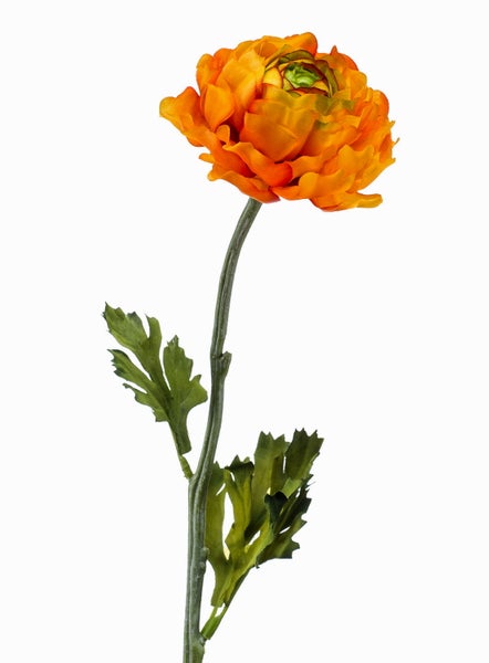 Künstliche Ranunkel mit orangefarbener Blüte, grünem Stiel und Blättern.