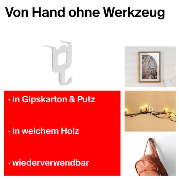 Symbole für Produkteigenschaften: Maximale Tragkraft acht Kilogramm pro Kralle, einfach und schnell zu befestigen, ohne Werkzeug verwendbar, einfach entfernbar, hinterlässt kaum Spuren, wiederverwendbar