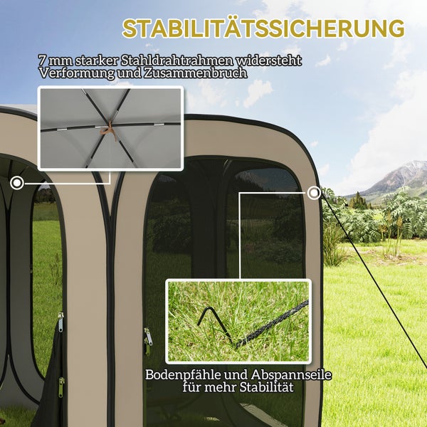 Outsunny Pop-up-Campingzelt Screen Tent klappbar Raumzelt mit Tragetasche, Mesh-Tür, Familienzelt Pavillon für 6 Personen, Camping, Garten, Terrasse, 340 x 300 x 220 cm, Khaki