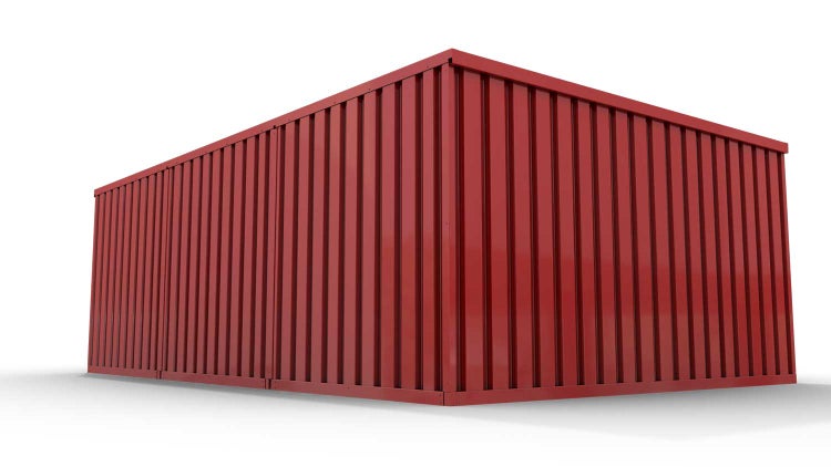 Lagercontainer Gerätehaus M3  – 18 qm, H2150 x B3050 x T6520 mm, Außenwandlackierung RAL 3000 feuerrot, Dach außen verzinkt, mit Holzfußboden, 1270 mm Einflügeltür mittig in Modul D, montiert