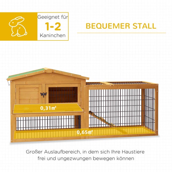 PawHut Hasenstall 2 Ebenen Kaninchenstall aus Tannenholz Winterfest Doppelstockhaus mit Freilaufgehege Rampe 150x52x68 cm Kaninchenkäfig Outdoor Kleintierstall für Hasen Kaninchen Meerschweinchen Gelb