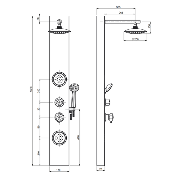 Technische Zeichnung einer Duschsäule mit verschiedenen Abmessungen.