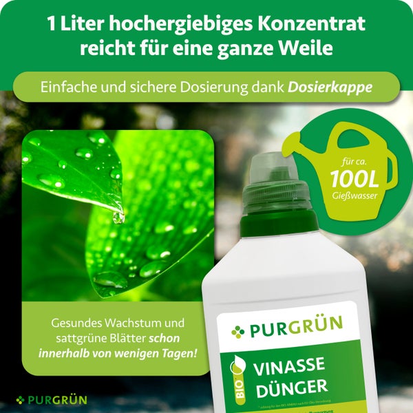 1 Liter Purgrün Vinasse Dünger Konzentrat mit Dosierkappe für circa 100 Liter Gießwasser. Fördert gesundes Pflanzenwachstum.
