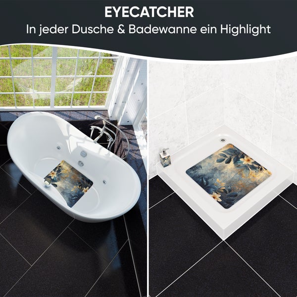 Badewannenmatte und Duschmatte mit Blumenmuster in Badezimmer-Szene