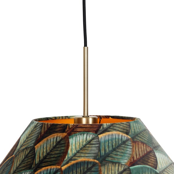 Pendelleuchte mit Stoffschirm, Blattmuster, Innenseite Gold, Aufhängung Messing und Schwarz.