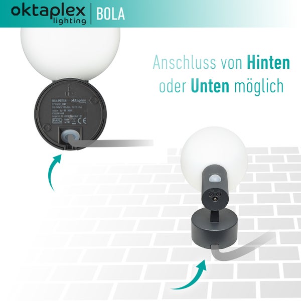 Bola LED Außenlampe mit Bewegungsmelder warmweiß 3000K 1600lm IP65 runde Wandleuchte anthrazit 230V