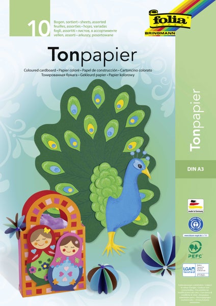 Folia Tonpapierblock 130g/m² DIN A3, 10 Bogen, 10-farbig sortiert Ton-Zeichenpapier. 10 Blatt, farbig sortiert.