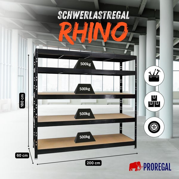 Schwerlastregal Rhino von Proregal, schwarzes Metall, 4 Holzböden. 180 mal 200 mal 60 Zentimeter. Tragkraft 500 Kilogramm pro Boden. Proregal Logo.