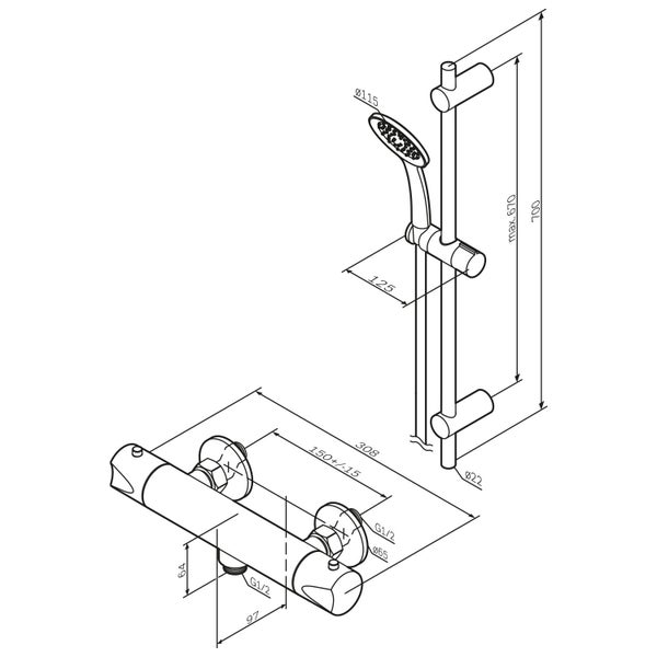 Technische Zeichnung eines Duschsets mit Thermostatarmatur und Handbrause inklusive Maßangaben in Millimetern.