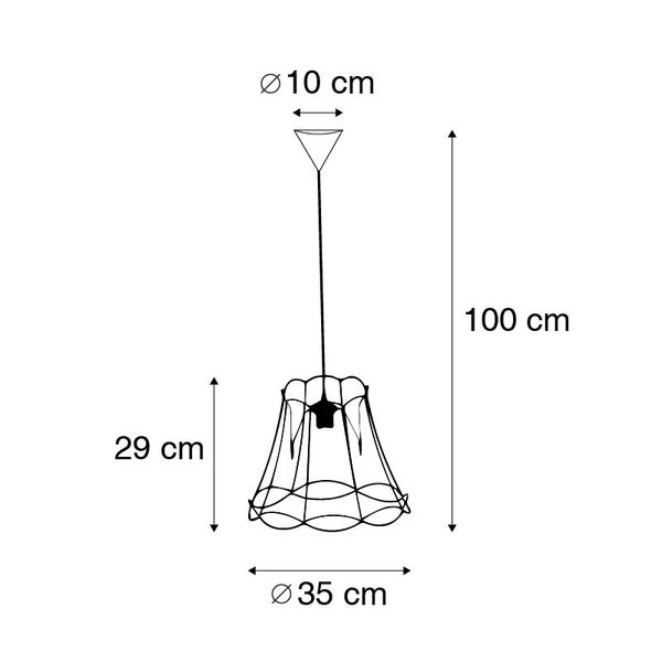 Skizze einer Pendelleuchte mit den Maßen 10 cm Durchmesser oben, 35 cm Durchmesser unten, 29 cm Höhe des Lampenschirms und 100 cm Gesamthöhe