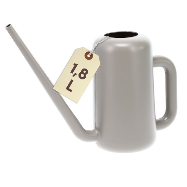 Graue Zimmergießkanne aus Kunststoff mit 1,8 Liter Fassungsvermögen und langem Ausguss.