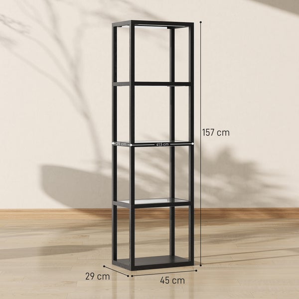 Schwarzes Standregal mit Glasböden. Höhe 157 Zentimeter, Breite 45 Zentimeter, Tiefe 29 Zentimeter.