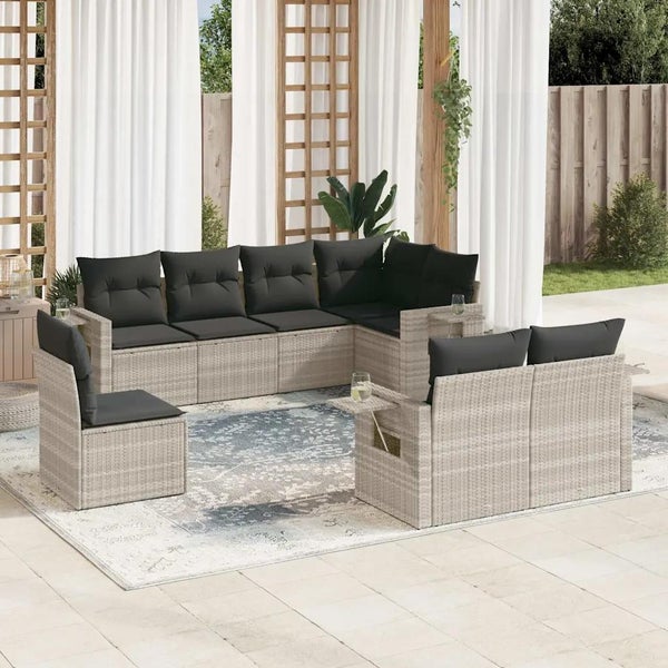 8-tlg. Garten-Sofagarnitur mit Kissen Hellgrau Poly Rattan