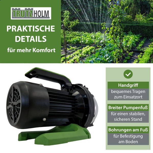 Garten mit laufendem Rasensprenger und Wasserpumpe mit Tragegriff, breitem Pumpenfuß und Bohrungen am Fuß für die Befestigung am Boden